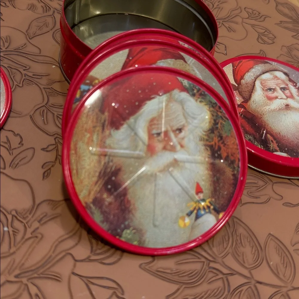 Vtg Tin Santa Claus Coasters, Christmas Lidded 5/ Container ~Holiday Round 3.5”